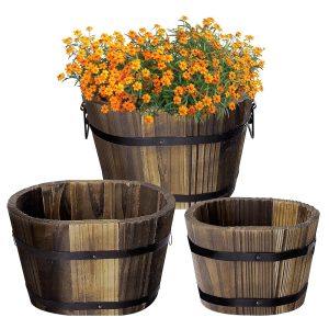 Adnee Set of three Wood Whiskey Barrel Planters – Assorted Sizes Rustic Wood Bucket Planters for Indoor and Outside Gardens – Ornamental Flower Pots for Dwelling