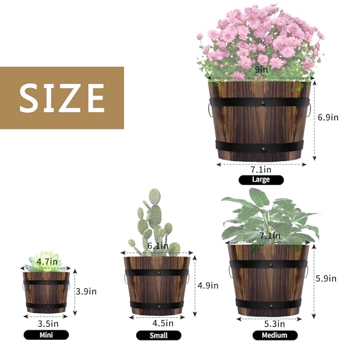 Adnee Set of 4 Wood Whiskey Barrel Planters - 4 Measurement Wood Bucket Planters for Backyard - Rustic Flower Pots for Indoor and Outside Use