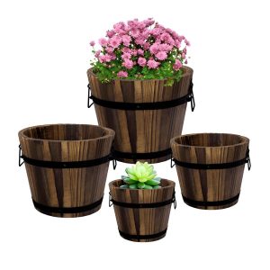 Adnee Set of 4 Wood Whiskey Barrel Planters – 4 Measurement Wood Bucket Planters for Backyard – Rustic Flower Pots for Indoor and Outside Use