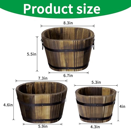 Adnee Set of three Wood Whiskey Barrel Planters - Assorted Sizes Rustic Wood Bucket Planters for Indoor and Outside Gardens - Ornamental Flower Pots for Dwelling