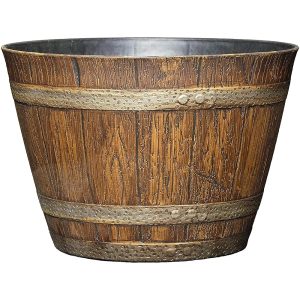 Traditional Dwelling and Backyard 9-Inch Spherical Whiskey Resin Flower Pot Barrel Planter in Oak Brown for Indoor/Outside Use