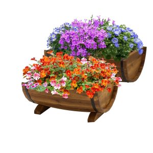 IDZO Set of two Out of doors Acacia Wooden Half Barrel Planters in Various Sizes, That includes Metallic Bands, Drainage Holes, and Included Legs, Brown End