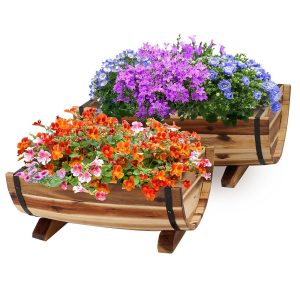 IDZO Set of two Stable Acacia Wooden Half Barrel Planters for Out of doors Use, That includes Completely different Sizes, Metallic Bands, Drainage Holes, and Included Legs, Pure End