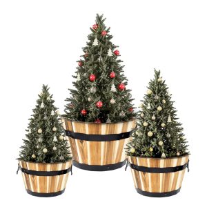 Idzo Set of three Acacia Wooden Outside Flower Planters – Sturdy Barrel Design with Ergonomic Handles and Drainage Holes, Out there in Numerous Sizes for Outside Vegetation