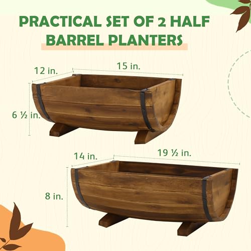 IDZO Set of two Out of doors Acacia Wooden Half Barrel Planters in Various Sizes, That includes Metallic Bands, Drainage Holes, and Included Legs, Brown End