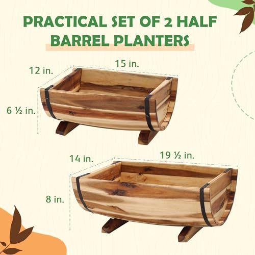 IDZO Set of two Stable Acacia Wooden Half Barrel Planters for Out of doors Use, That includes Completely different Sizes, Metallic Bands, Drainage Holes, and Included Legs, Pure End