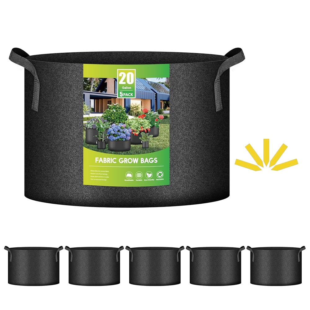 iPower Heavy-Responsibility 20 Gallon Plant Develop Baggage (Pack of 5) – Thickened Nonwoven Aeration Material Pots with Strap Handles for Gardening, Black