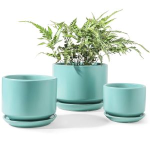 LE TAUCI Ceramic Plant Pot Set – 3 Items (4.3″, 5.3″, 6.8″) with Drainage Holes and Saucers, Indoor Flower Pots with Mesh Pads, Good Presents for Mother, Aqua Colour