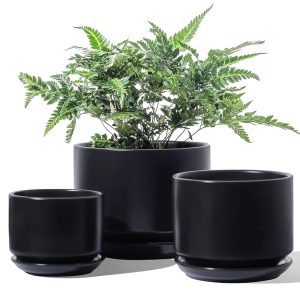 LE TAUCI Ceramic Planter Set – 3 Items (4.3, 5.3, and 6.8 inches) with Drainage Gap and Saucer, Indoor Flower Pots with Mesh Pads, Excellent Presents for Mother, Black