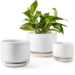 LE TAUCI Indoor Plant Pots Set of three – 4.3, 5.3, and 6.8 Inch Ceramic Planters with Drainage Holes and Saucers, Fashionable Trendy Flower Pots with Mesh Pads, Excellent Present for Mother,…