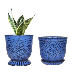 Set of two Gepege 6-Inch Beaded Ceramic Planters with Drainage Gap and Saucer for Indoor-Outside Use, Ultimate for Giant Spherical Succulents and Orchids (Blue, Designed for Interior Pots…