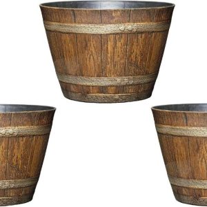 Set of three Traditional Oak Brown 9-Inch Whiskey Barrel Planters – Plastic Resin Flower Pots for House and Backyard