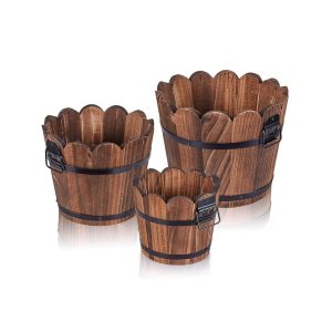 Set of three Rustic Picket Barrel Planters for Indoor Décor, Best for Patio Crops and Flower Pots