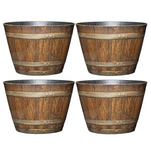 Set of 4 Traditional Oak Brown Plastic Resin Flower Pot Barrels for Dwelling and Backyard – 9 inches