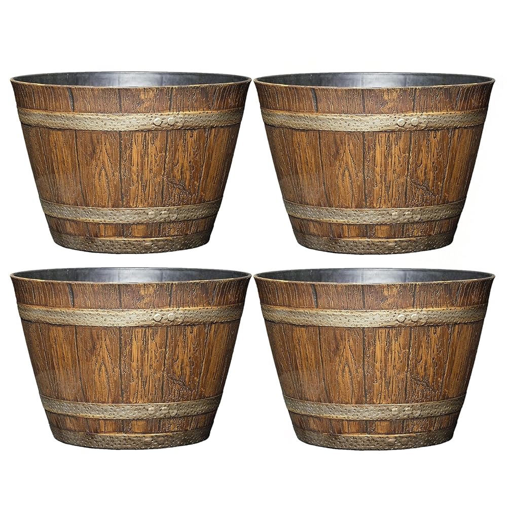 Set of 4 Traditional Oak Brown Plastic Resin Flower Pot Barrels for Dwelling and Backyard – 9 inches