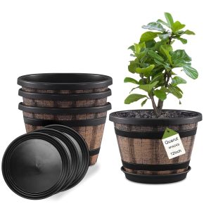 Set of 4 Quarut 12-Inch Massive Whiskey Barrel Planters with Drainage Holes and Saucer – Plastic Flower Pots in Imitation Wine Barrel Design for Indoor and Out of doors Gardening