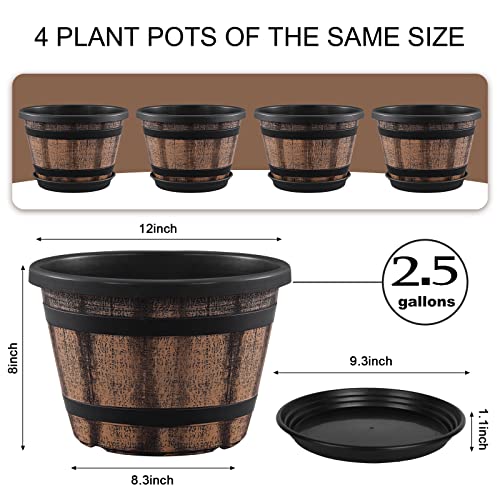 Set of 4 Quarut 12-Inch Massive Whiskey Barrel Planters with Drainage Holes and Saucer - Plastic Flower Pots in Imitation Wine Barrel Design for Indoor and Out of doors Gardening