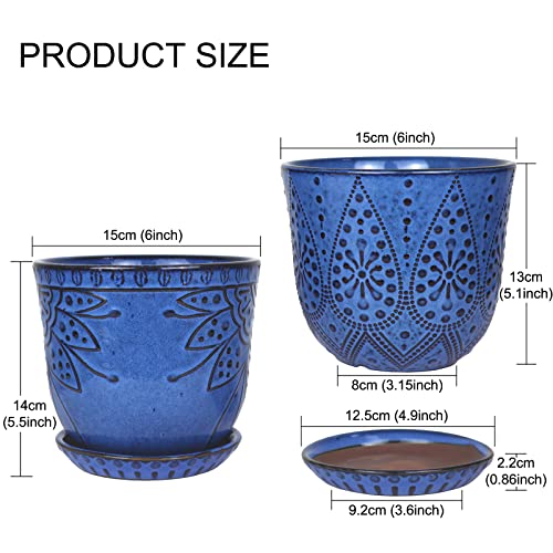 Set of two Gepege 6-Inch Beaded Ceramic Planters with Drainage Gap and Saucer for Indoor-Outside Use, Ultimate for Giant Spherical Succulents and Orchids (Blue, Designed for Interior Pots...